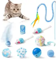 MALLMALL6 10Pcs Cat Toy Set Including Cat Springs Feather Teaser Wand Mice Crink