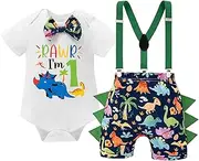 [Kewlent] Baby Boys 1st Birthday Outfit Cake Smash Bowtie Romper + Shorts + Suspenders + Hat Clothes Set for Photo Shoot