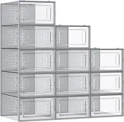 SONGMICS Shoe Boxes, Pack of 12 Shoe Storage Organizers, Stackable Clear Plastic Boxes for Closet, Fit up to US Size 11, Transparent and Gray ULSP006G12