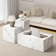 Oikiture Marble Coffee Table Set of 3 DIY Side Table Marble Sofa Desk White
