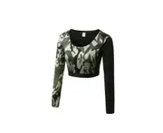 Women Crop Top Long Sleeve Yoga T-Shirt Quick Dry Gym Running Tights Tees - Army Green