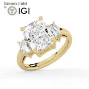 Radiant Solitaire Labgrown Diamond Trilogy Ring 18k Yellow Gold 4.00 Ct D VVS2