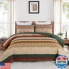 DJY Boho Quilt Set King Size Brown Green Bohemian Striped Bedspread Coverlet