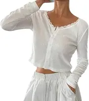 [AKLOPVII] Women Y2k Lace Trim Pointelle Long Sleeve Crop Tops Casual Preppy V Neck Front Open Button Going Out Shirts