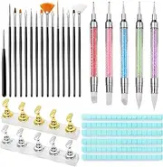 Nail Art Brushes and Tools Set– 15 Pcs Nail Art Brushes, 5 Pcs Dual-Ended Nail Dotting & Sculpture Pens, 2 Set Nail Holder for Painting Nails with Reusable Adhesive Putty, Nail File, Nail Design Tools