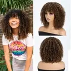 Glueless Bob Wigs Highlight Brown Human Hair Short Curly Wigs with Bangs Put ...