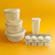 Vintage Tupperware Sheer Mixing Bowls w/ Lids, Spaghetti Holder & Spice Rack