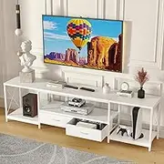 TV Stand with Fabric Drawer for 65 70 75 Inches TV - Entertainment Center and Industrial TV Console Table with Open Storage Shelves for Living Room, Bedroom - 63" White