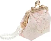 [GAROZATION] Portable Pearl Wallet Lipstick Bag Small Coin Bag Purse Unique Purses Elegant Clutch Flower Wallet Flower Clutch Formal Handbag Bridal Handbag Kiss Lock Pouch Brocade