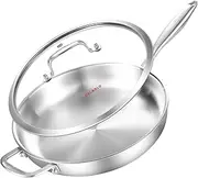 [DELARLO] Tri-Ply Stainless Steel Pan with Lid 12inch丨Compatible with All Cooktops Up to 600℉丨Stainless Steel Skillet 12 inch丨Heavy Duty丨Frying Pan with Lid丨18/10 Large Cooking Surface