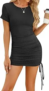 [Ausing] Women's Summer Mini Dress Short Sleeves Crew Neck Dress Side Drawstring Stretchy Dress Casual Ruched Bodycon Mini Dress Slim Fit Ribbed Wrap Dress Party Club Pencil Dress Streetwear S-XXL