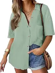 [Hotouch] Women's Blouse V-Neck Shirt with Pocket Plain Short Sleeve Shirt Blouse Elegant Business Tops Basic Tops with Buttons Loose Casual Work Blouse T-Shirts S-XXL
