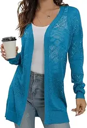 [GRECERELLE] Summer Cardigans for Women UK Lightweight Lace Hollow Out Knit Soft Long Sleeve Open Front Beach Coverups Ladies Solid Color Sun Protection, Blue, M