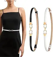 [MAIHUO] 2 Pcs Womens Belt, Girls Thin Beltt,Adjustable Belt Women, Brown Belt Womens,White Lock Belt,Black Elastic Belts for Women,PU Leather Belt