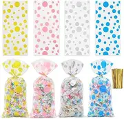 Weforu Christmas Dot Cellophane Bags, 100pcs Clear Treat Favor Plastic bags Transparent, Sweets Bags with 100 Twist Ties for Cookies Sweet Cakes Candies Birthday Party(10.8 x 5 inch)