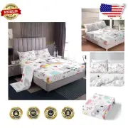 Full Microfiber Kids Bed Sheet Set - Cute Floral and Animal Prints for Comfort