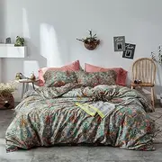 mixinni Vintage Style Garden Flower Duvet Cover Set with Zipper Closure Long Staple Percale Cotton Yellow Vibrant Pattern on Blue Bedding Quilt Cover Set(King, All Season)