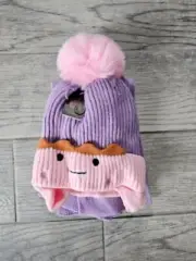 Girls New Apple Stars Beanie Cap & Scarf Set Purple & Pink So Soft Happy Face