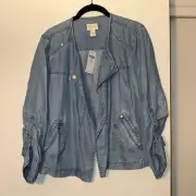Chicos Women’s Denim Drape Jacket 3/4 Sleeve Sky Sun Size 1 (Medium) NWT