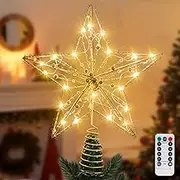 Gold Christmas Tree Topper Star with 20 Warm White LED Lights and Pearl Beads, Remote Control Star Tree Topper for Christmas Tree Decorations and Xmas Holiday Décor, Battery Required