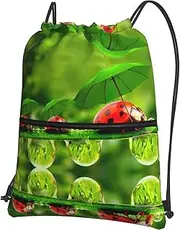 EdWal Funny Ladybug Holding Umbrellas Print Drawstring Backpack Gym Bags Sports Bags With Zipper Pocket For Travel Beach, Black, One Size