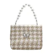 Fashion Plaid Shoulder Messenger Bag for Women Woolen Pearl Chain Portable Butterfly Handbags Purse Lady Small Square Crossbody