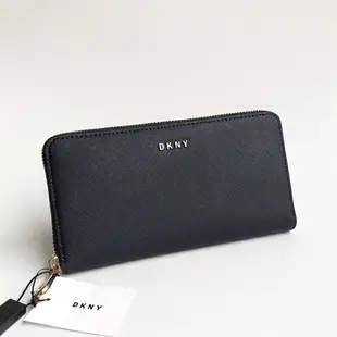 美國百分百【全新真品】DKNY 皮夾 長夾 手拿包 女包 皮革 錢包 證件 女包 精品 logo 深藍/黑色 I467