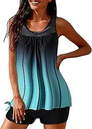 [Generic] Womens Swimming Suits Underwire Swimsuits with Boyshorts Suits Control Bathing Tummy Tank Swimwears Tankinis Set Swimsuit Underwire Bra (Blue-a, XXXL)