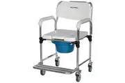 Equipmed Commode Shower Chair, Over Toilet or Bedside 136kg Capacity Aluminium frame with Wheels, White/Blue