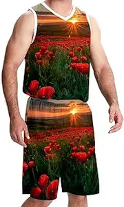 [KQNZT] Basketball Jersey and Shorts, Outfit Tank Top Track Shorts, Athletic Shirts for Team Scrimmage, Landscape Flower Field Red Flower Corn Poppy