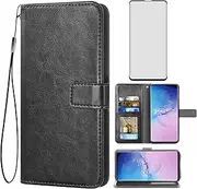 [Asuwish] Compatible with Samsung Galaxy S10 Wallet Case Tempered Glass Screen Protector and Leather Flip Cover Card Holder Stand Accessories Phone Cover for Glaxay S 10 Edge Gaxaly 10S GS10 X10 Black