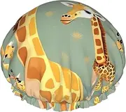 Cute Wild Cartoon Giraffes Print Shower Cap For Women Men Reusable Lightweight Soft Bath Hair Cap With Elastic Band