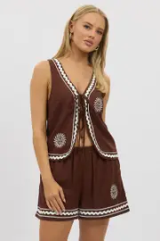 Brown Linen Vest Sleeveless Embo - Size 6XXS, Women's Jacket