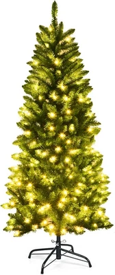 Costway 1.5m/5ft Pre-lit Pencil Christmas Tree, Artificial Hinged Fir Tree wi...