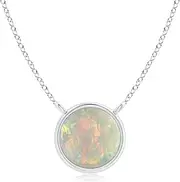 [Angara] Natural Bezel-Set Round Opal Solitaire Pendant Necklace in Sterling Silver/10ct/14ct Solid Gold for Women | October Birthstone Jewellery for Her