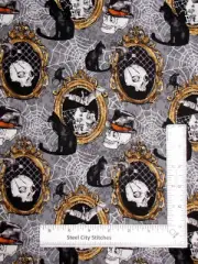 Halloween Skull Web Cat Fabric Grey Mystery Manor Cotton Andover By The Yard
