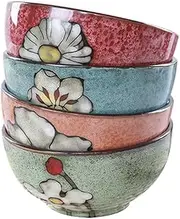6 inch Set in 4 Kitchen Ceramic Bowl Set, Grain Bowl, Lamian Noodles Bowl, Creative Hand-Painted Flower Painting Soup Bowl, Suitable for Dishwasher, Microwave Oven and Oven Safety