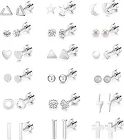 [Staligue] 18 Pairs Tiny Cartilage Stud Earrings for Women Men Star Moon Heart Disc Ball CZ Small Screwback Flat Back Stud Earrings Stainless Steel Geometric Barbell Flatback Earrings Piercing Set