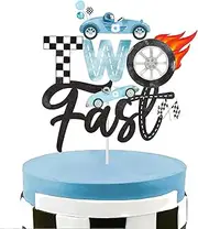 Racing Car Two Fast Cake Topper Race Car 2nd Birthday Party Decorations Blue Racing Themed Cake Decorations Wheel Checkered Flag Cake Pick for Boys Girls Two Birthday Party Supplies