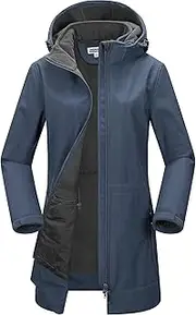 [Outdoor Ventures] Women's Softshell Long Jacket with Hood Fleece Lined Windproof Jacket for Women Waterproof Wind Jacket