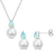 Amour Silver Ethiopian Opal & Freshwater Pearl Pendant, Chain & Earrings Set