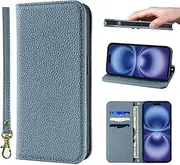 NanHou iPhone 16 Case Leather Case RFID Blocking Folio Wallet Case Magnetic Closure Kickstand Wrist Strap Card Holder Shockproof Flip Cover - Linen Blue