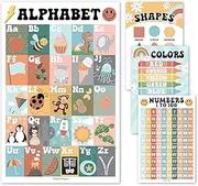 4 Retro Pre K & Kindergarten Homeschool Supplies - ABC Chart For Wall For Toddlers, Number Chart 1-100 For Kids For Wall, Color Posters For Classroom Posters Preschool, Preschool Learning Posters…