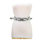 Women White Elastic Waistband Belt Paisley Print Double Western Buckles Size S M