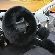 3Pcs Set Womens Winter Fashion Wool Fur Soft Furry Steering Wheel Covers Black Fluffy Handbrake Cover Gear Shift Cover Fuzz Warm Non-Slip Car Decoration Long Hair