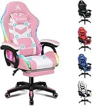 ALFORDSON Gaming Office Chair with 12 RGB LED Lights & 8 Point Massage, Racing Computer Chair with Lumbar Support & Retractable Footrest, Ergonomic Desk Chair with PU Leather Seat Office Gamer (Pink)