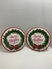 2 Merry Christmas Dinner Plates With Wreath And Berries Design Matte Round 11”