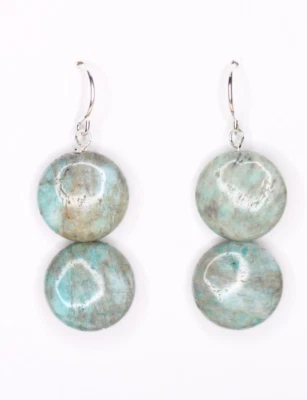 Amazonite Blue 14mm Coin Flat Gemstone .925 Sterling Silver Hook Earrings 1 1/2"