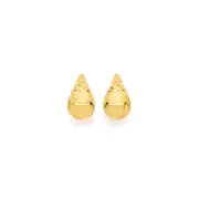 9ct Gold Satin & Diamond-cut Geometric Pattern Puff Teardrop Stud Earrings