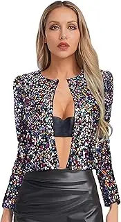 [Yhong] Women's Sequin Shrug Jacket Long Sleeve Open Front Glitter Cropped Blazer Bolero Party Sparkly Cardigan